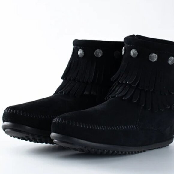 Minnetonka Double Fringe Suede Ankle Boots - Picture 8 of 12